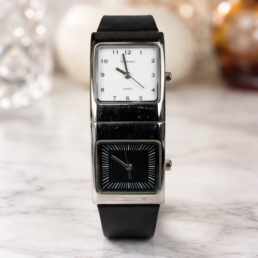 Vernier Ladies Dual Dial Quartz Watch Black & White Faces Japan UNTESTED